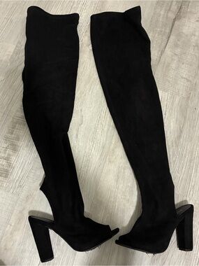 bamboo black over-the-knee peep-toe heel boots